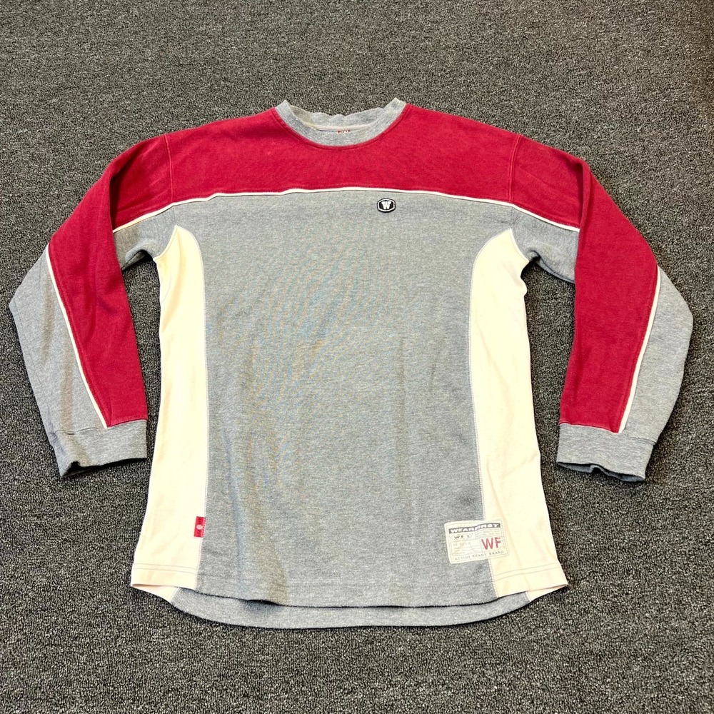 Vintage Wearfirst Shirt Men's M Gray Red Colorblock Ribbed Patch Logo Crew Neck